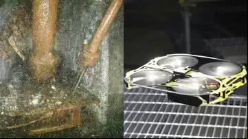 Imagem do interior do reator 1 da usina nuclear de Fukushima, e do drone responsável pelas fotos - Reprodução/TEPCO