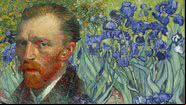 Montagem com autorretrato de van Gogh e recorte de 'Lírios' ao fundo - Domínio Público via Wikimedia Commons