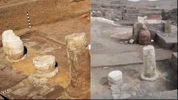 Imagens dos três pilares do antigo templo descobertos no Egito - Reprodução / Facebook